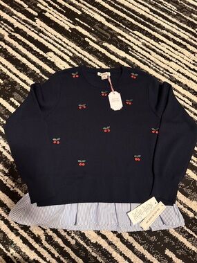 Nanette Lepore Navy Sweater with Red Cherry Embroidery